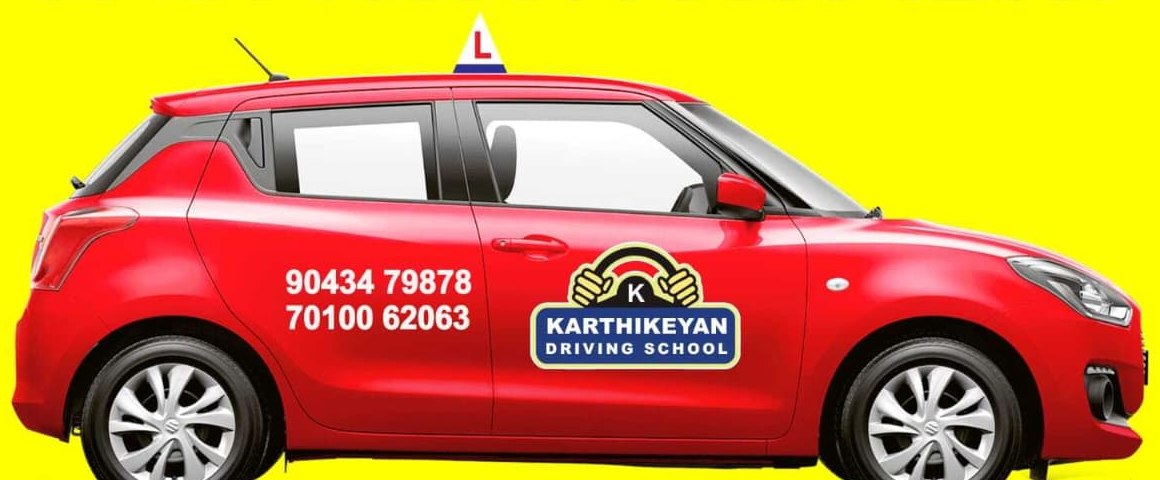 Karthikeyan Driving School training car with an L board