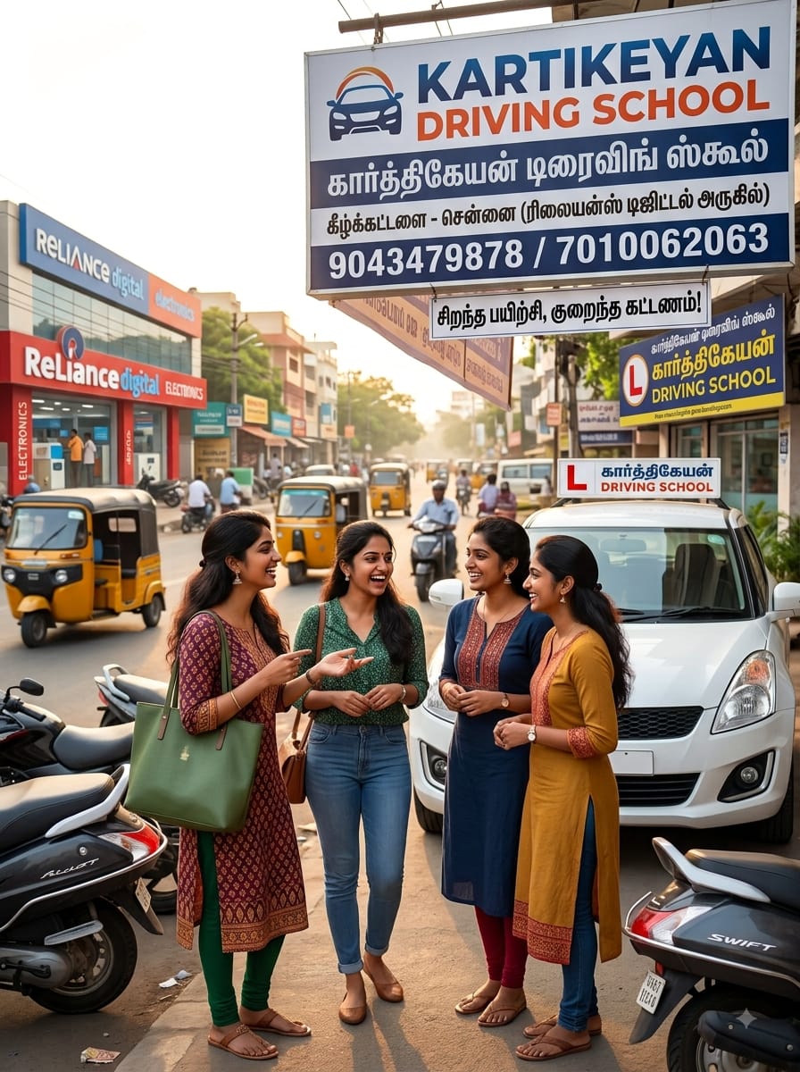 Women learners chatting in front of the driving school sign